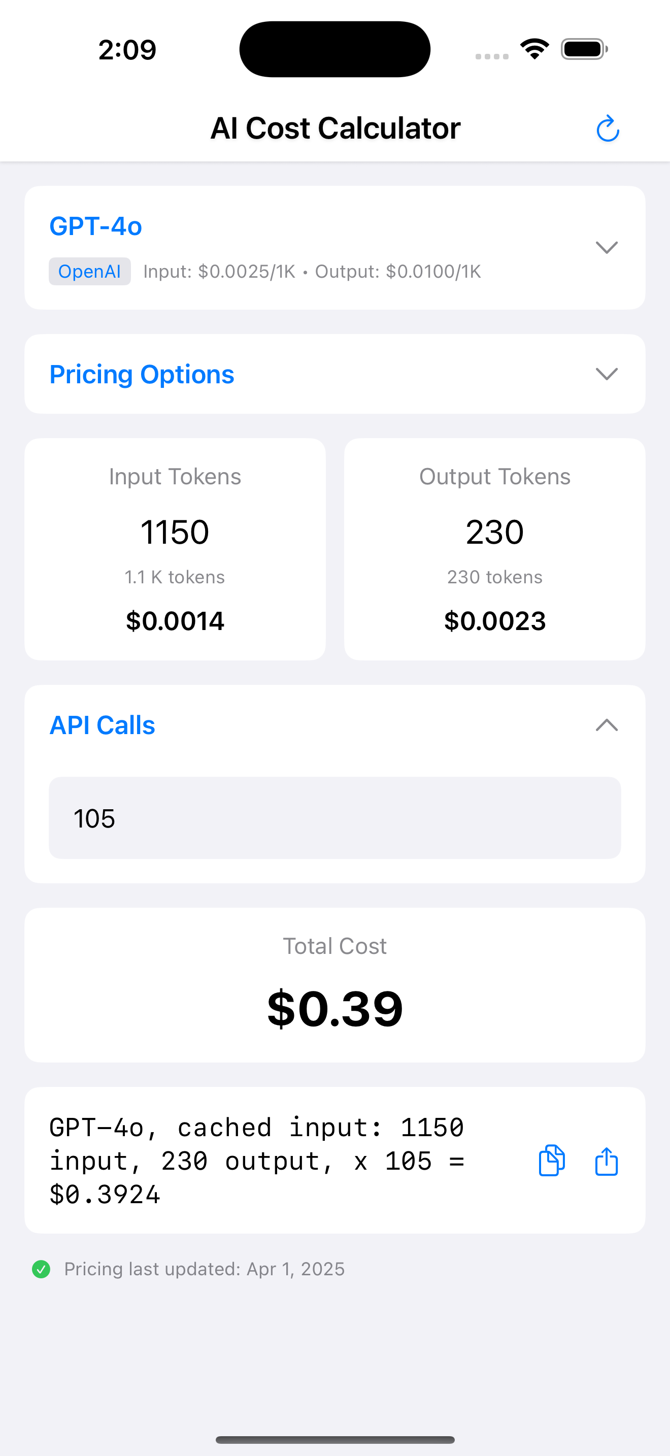 AI Cost Calc iPhone - Compare Models